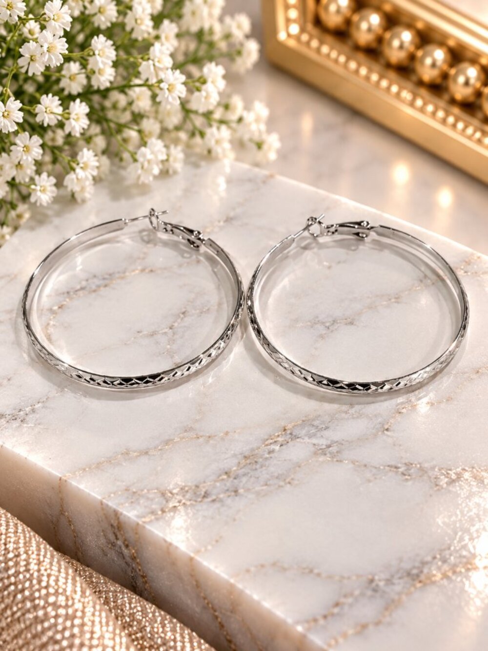 Silver Diamond Cut Textured Hoop Earrings Classic Statement - Fashion Jewelry